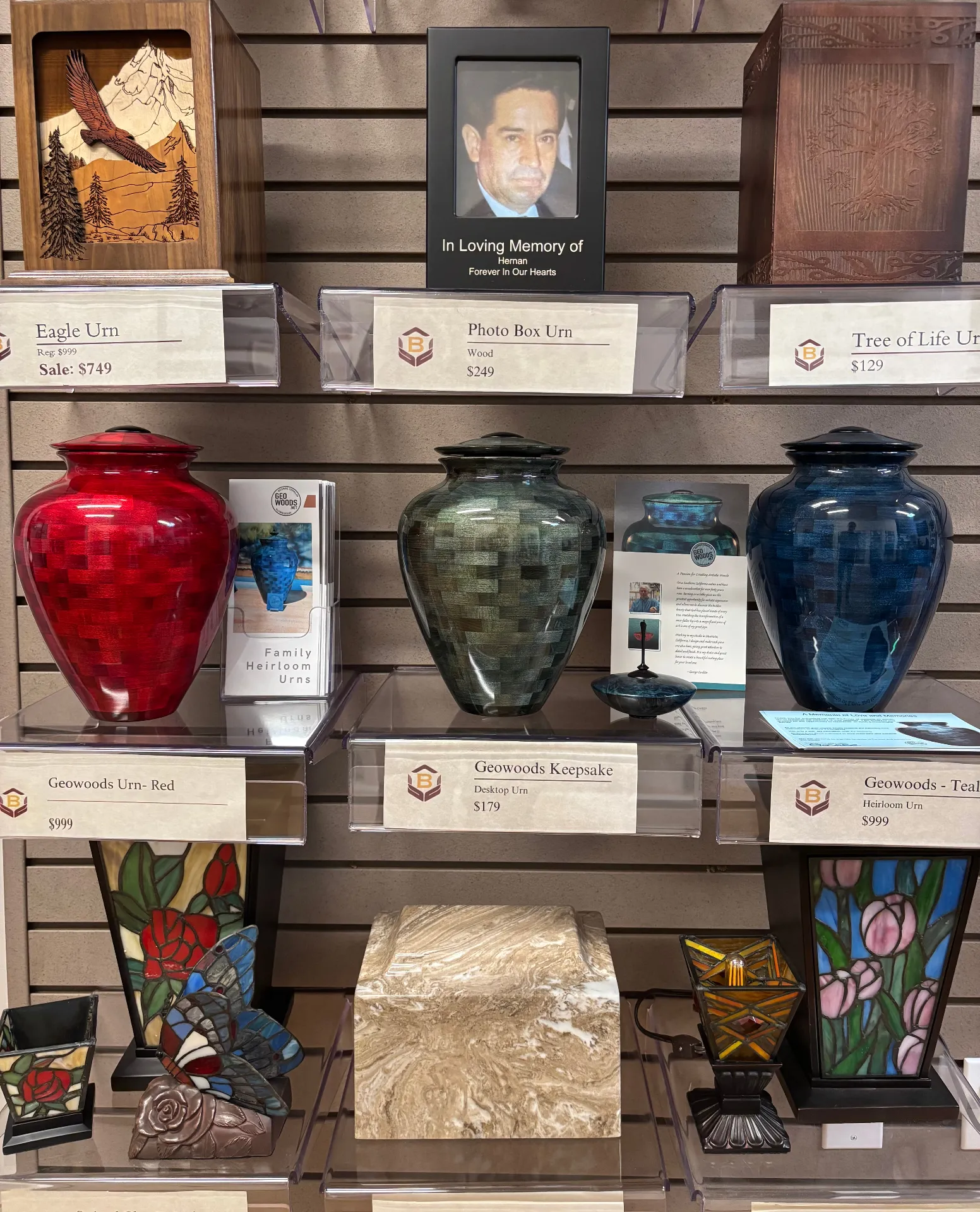 Beautiful display of heirloom cremation urns at Bravo Family Mortuary
